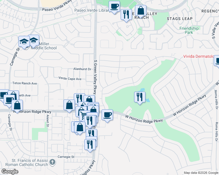map of restaurants, bars, coffee shops, grocery stores, and more near 459 Tatum Ridge Street in Henderson