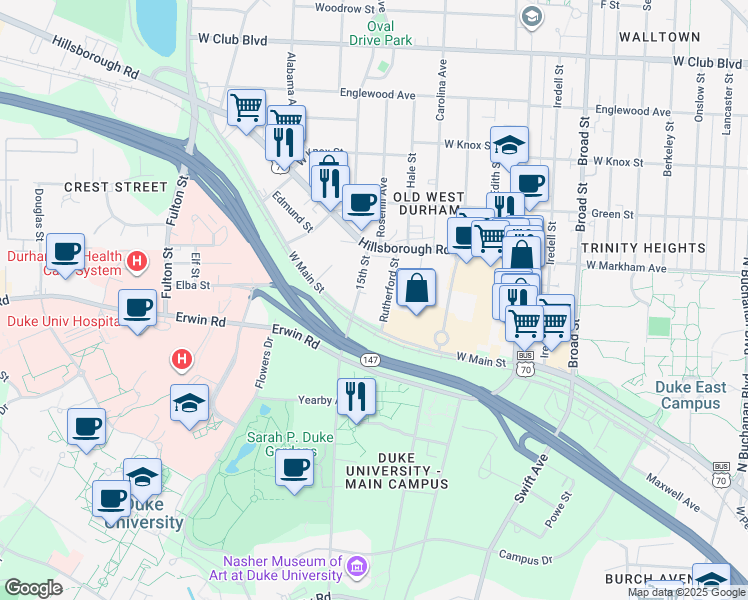 map of restaurants, bars, coffee shops, grocery stores, and more near 704 15th Street in Durham