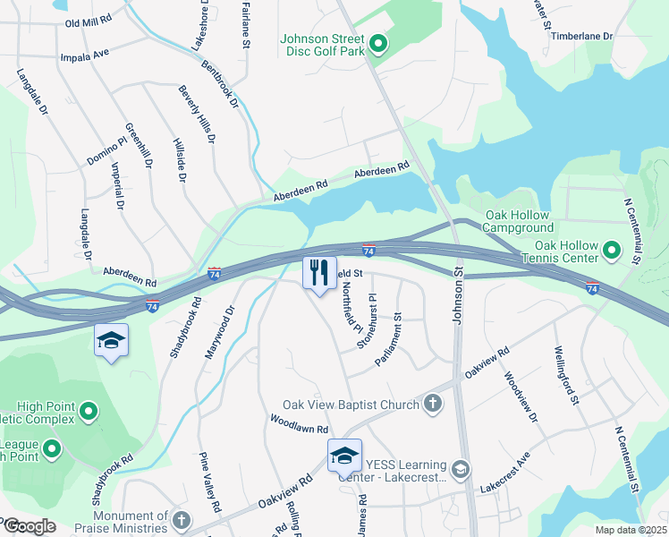 map of restaurants, bars, coffee shops, grocery stores, and more near 3802 Westfield Street in High Point