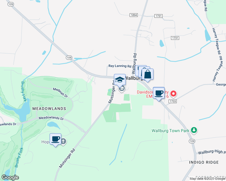 map of restaurants, bars, coffee shops, grocery stores, and more near 179 Motsinger Road in Winston-Salem