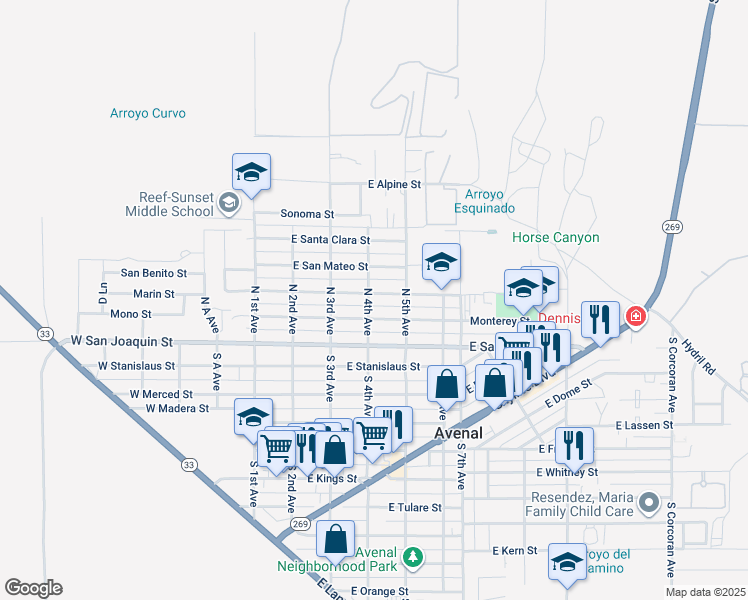 map of restaurants, bars, coffee shops, grocery stores, and more near 400 East Mariposa Street in Avenal
