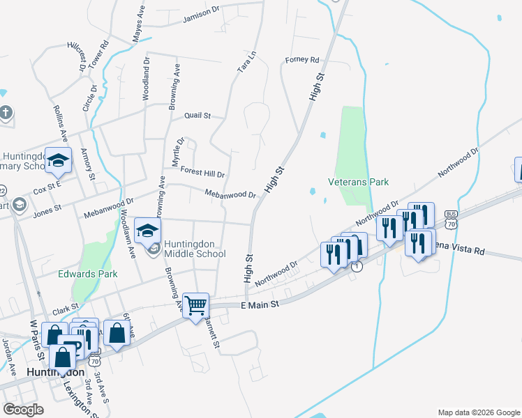 map of restaurants, bars, coffee shops, grocery stores, and more near 456 Mebanwood Drive in Huntingdon