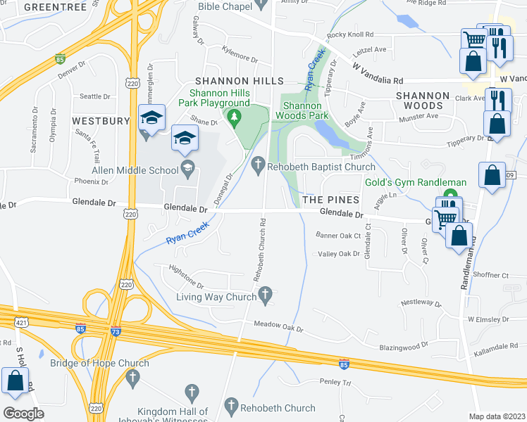 map of restaurants, bars, coffee shops, grocery stores, and more near Glendale Dr & Rehobeth Church Rd in Greensboro