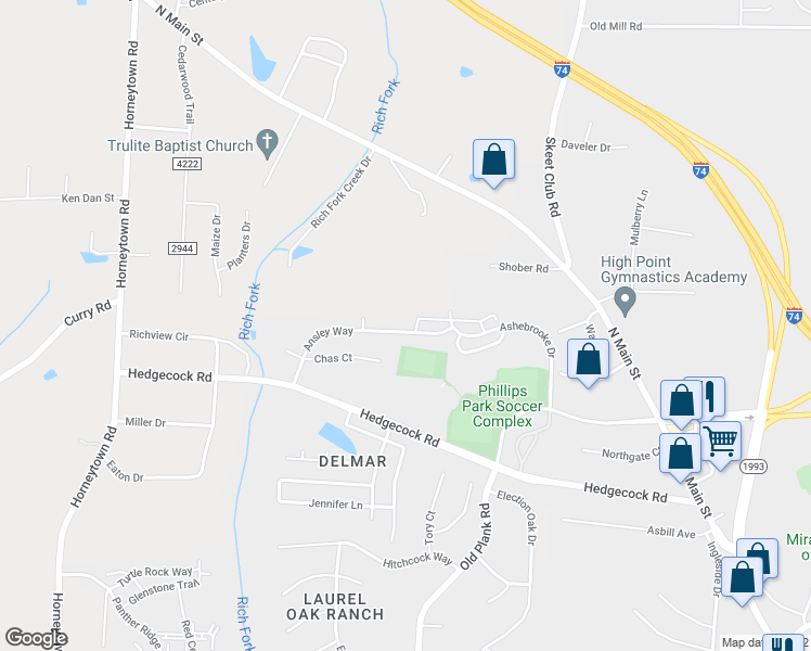 map of restaurants, bars, coffee shops, grocery stores, and more near 484 Dunwood Drive in High Point