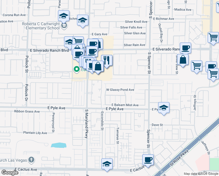 map of restaurants, bars, coffee shops, grocery stores, and more near 1404 West Glassy Pond Avenue in Las Vegas
