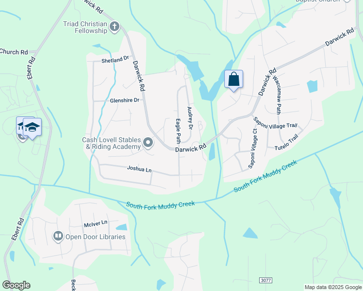 map of restaurants, bars, coffee shops, grocery stores, and more near 4799 Eagle Path in Winston-Salem