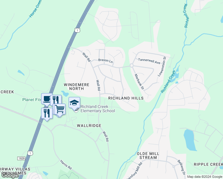 map of restaurants, bars, coffee shops, grocery stores, and more near 1204 Birkstone Court in Wake Forest