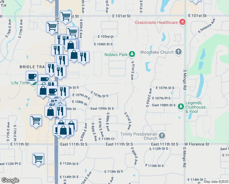 map of restaurants, bars, coffee shops, grocery stores, and more near 8809 East 107th Street South in Tulsa