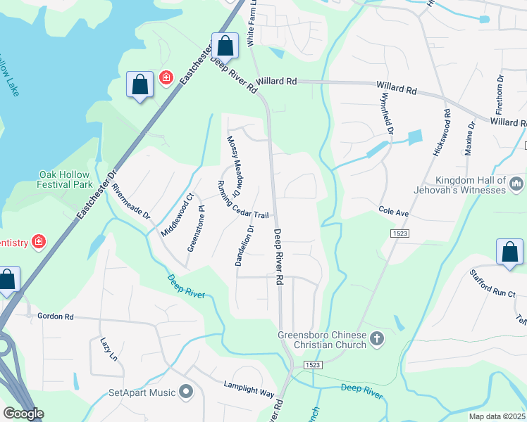 map of restaurants, bars, coffee shops, grocery stores, and more near 3615 Running Cedar Trail in High Point