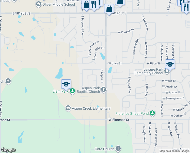 map of restaurants, bars, coffee shops, grocery stores, and more near 2301 West Waco Street in Broken Arrow