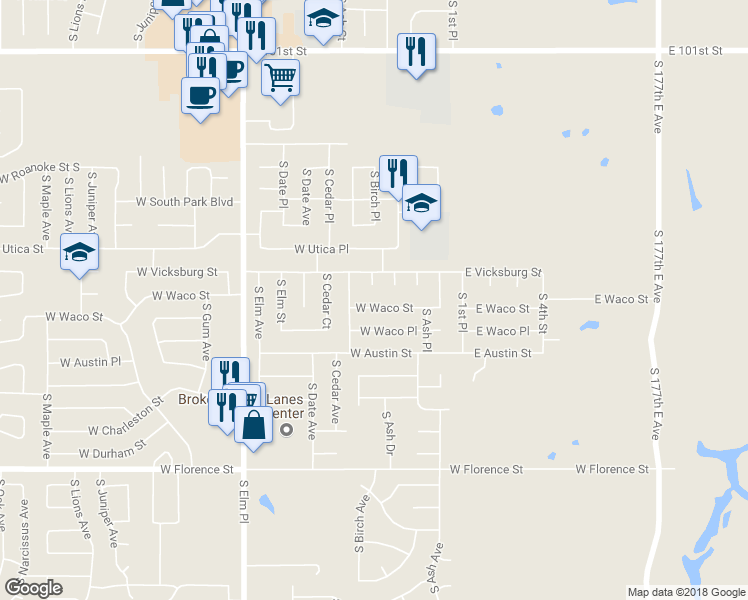 map of restaurants, bars, coffee shops, grocery stores, and more near 216 West Waco Street in Broken Arrow