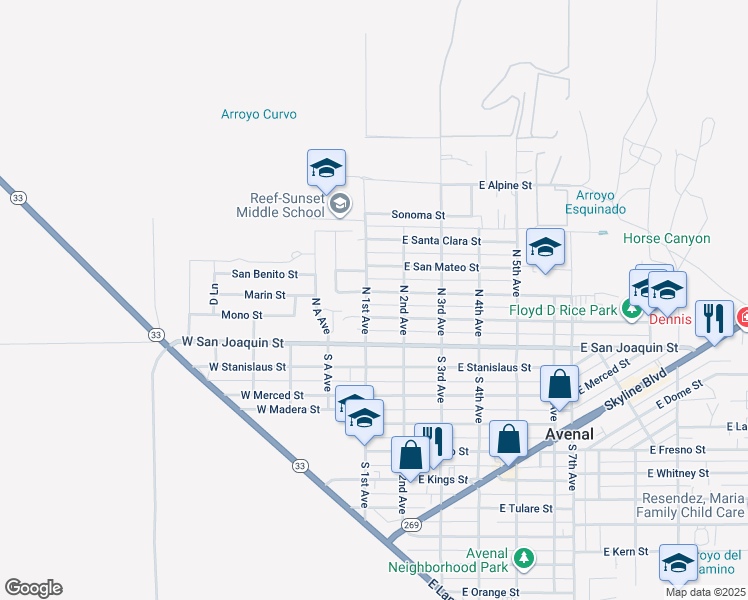 map of restaurants, bars, coffee shops, grocery stores, and more near 104 West Mariposa Street in Avenal