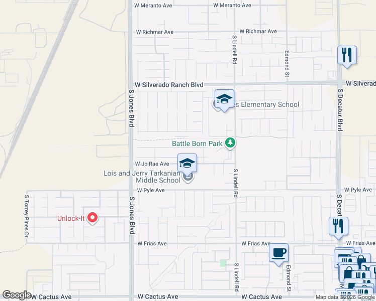 map of restaurants, bars, coffee shops, grocery stores, and more near 5765 Texas Creek Avenue in Las Vegas