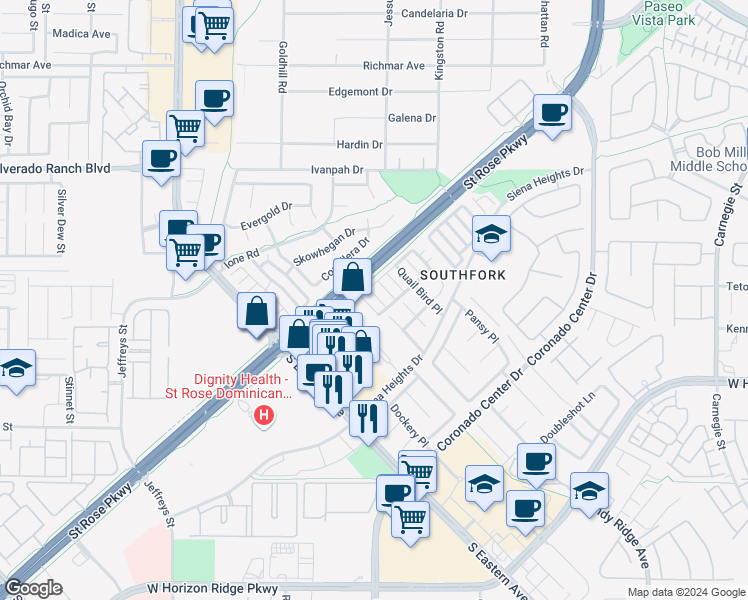 map of restaurants, bars, coffee shops, grocery stores, and more near 505 Chestnut View Place in Henderson