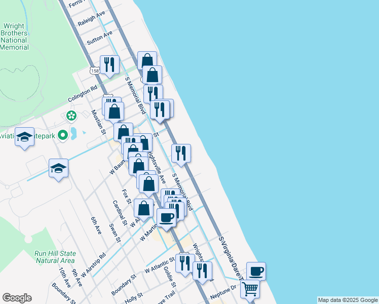 map of restaurants, bars, coffee shops, grocery stores, and more near 913 South Virginia Dare Trail in Kill Devil Hills