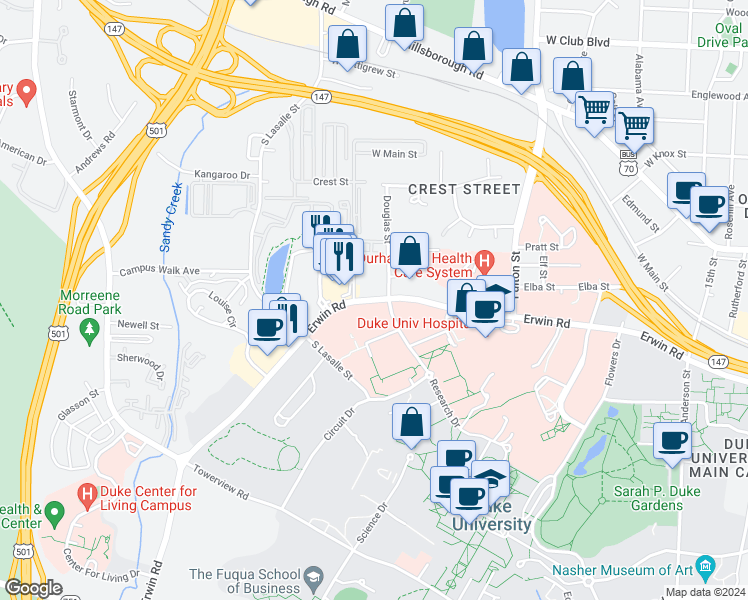 map of restaurants, bars, coffee shops, grocery stores, and more near 2533 Erwin Road in Durham