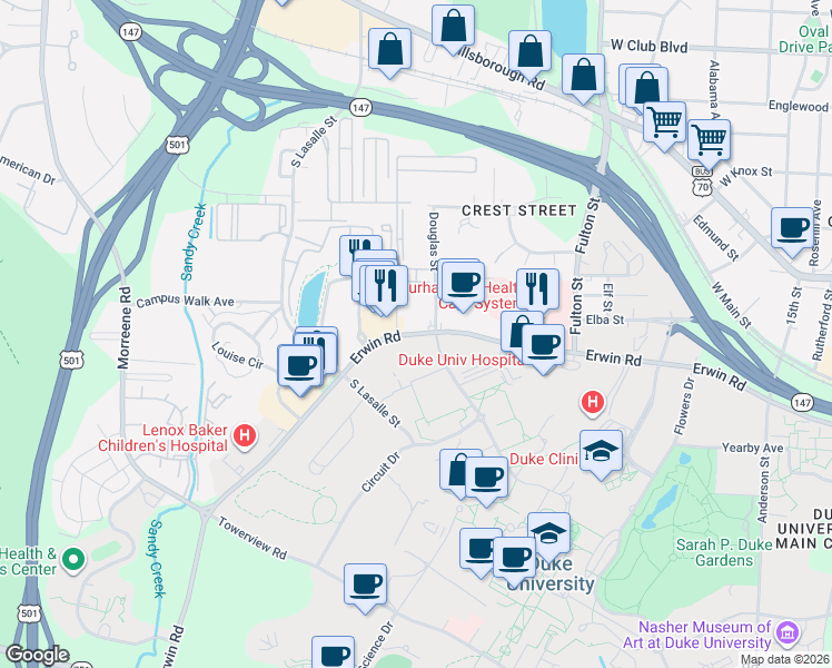 map of restaurants, bars, coffee shops, grocery stores, and more near 2530 Erwin Road in Durham