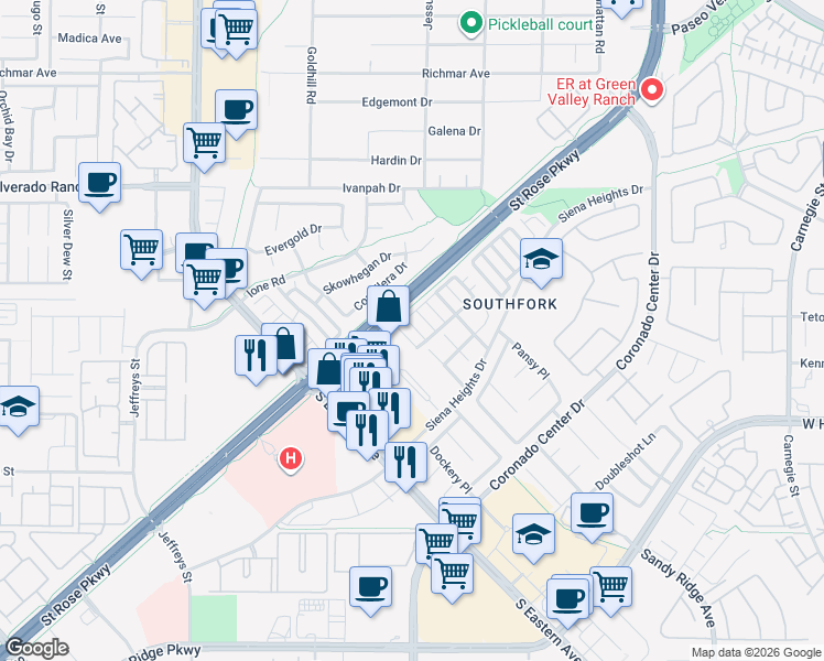 map of restaurants, bars, coffee shops, grocery stores, and more near 504 Chestnut View Place in Henderson