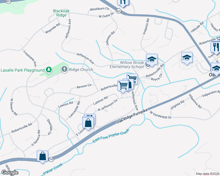 map of restaurants, bars, coffee shops, grocery stores, and more near 367 Robertsville Road in Oak Ridge