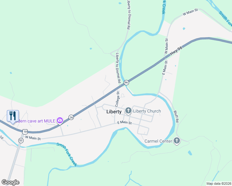 map of restaurants, bars, coffee shops, grocery stores, and more near 10043 Nashville Highway in Liberty