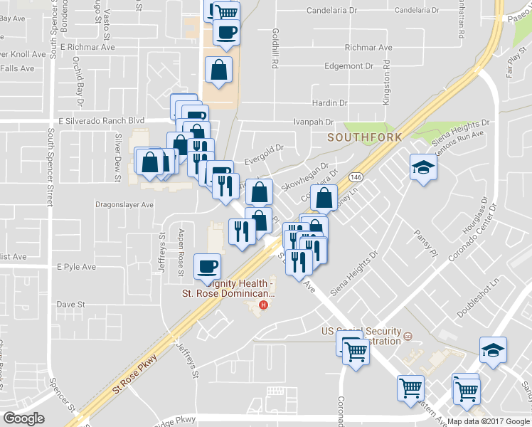 map of restaurants, bars, coffee shops, grocery stores, and more near 2900 Apogee Lane in Henderson
