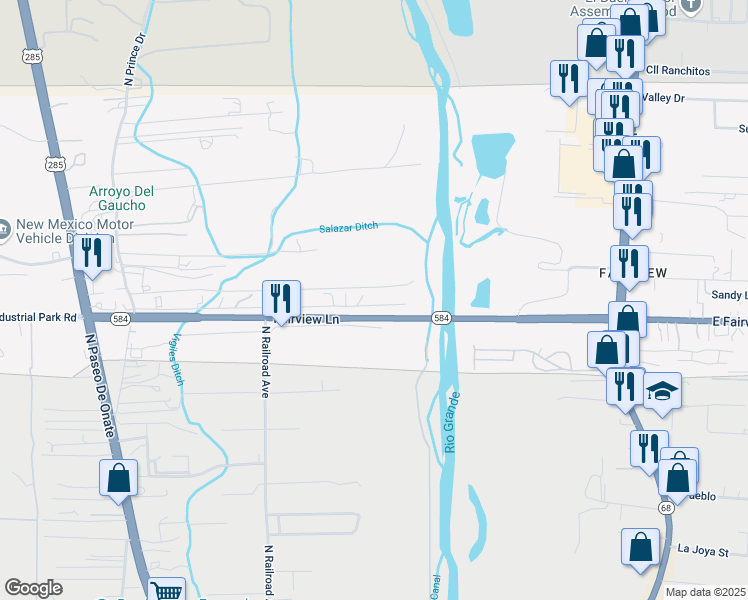 map of restaurants, bars, coffee shops, grocery stores, and more near 605 Angel Duran Drive in Española