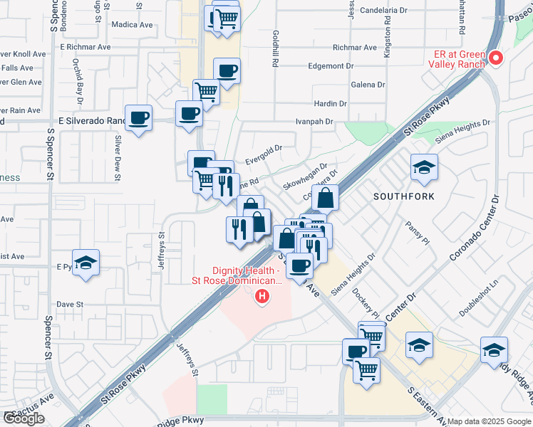 map of restaurants, bars, coffee shops, grocery stores, and more near 2900 Apogee Lane in Henderson