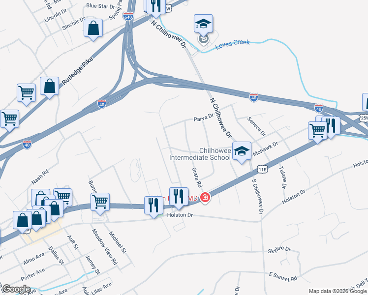 map of restaurants, bars, coffee shops, grocery stores, and more near 301 Grata Road in Knoxville