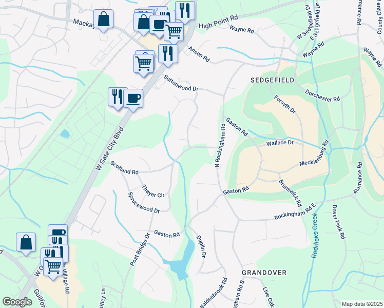map of restaurants, bars, coffee shops, grocery stores, and more near 5609 Scotland Road in Greensboro