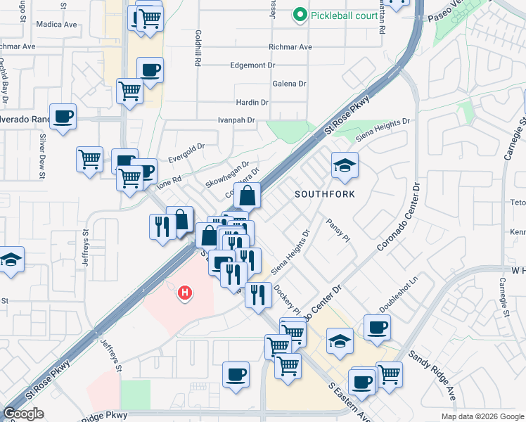 map of restaurants, bars, coffee shops, grocery stores, and more near 504 Chestnut View Place in Henderson