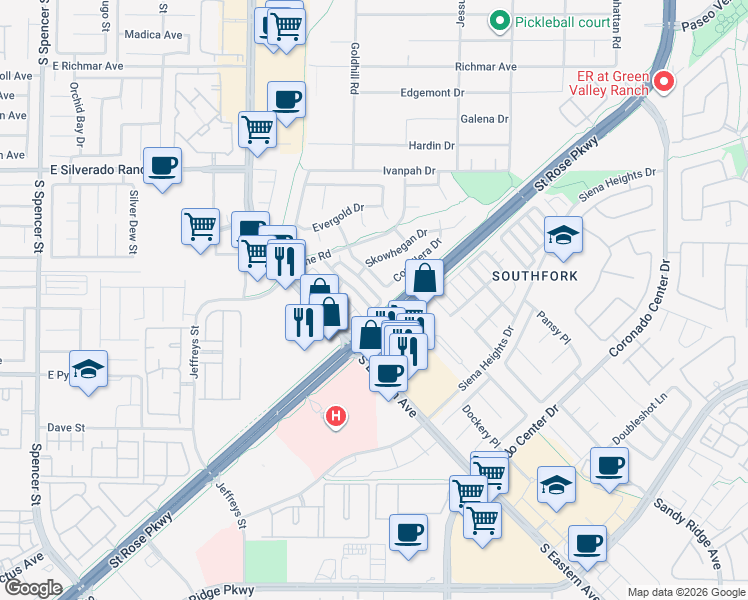 map of restaurants, bars, coffee shops, grocery stores, and more near 460 Rumford Place in Henderson