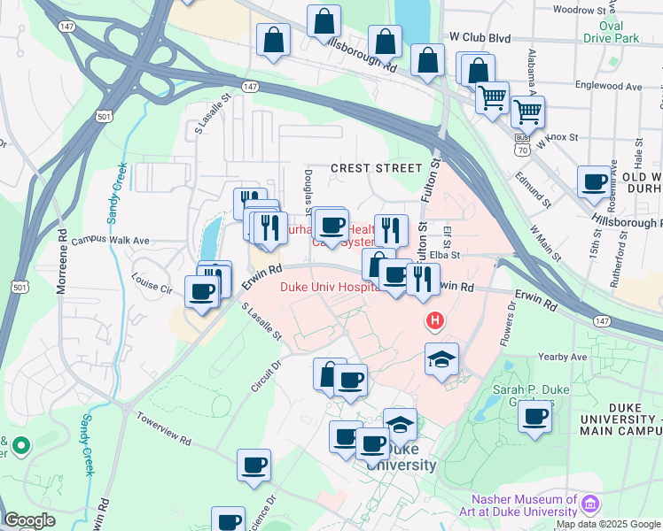 map of restaurants, bars, coffee shops, grocery stores, and more near in Durham
