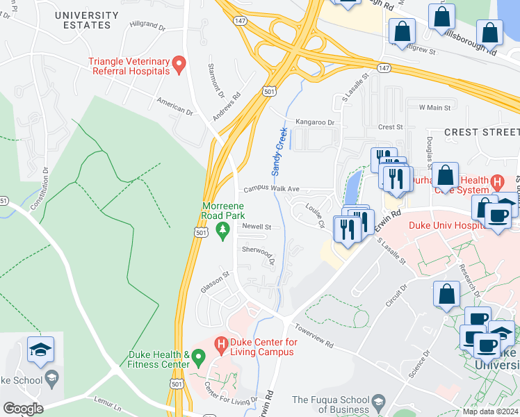 map of restaurants, bars, coffee shops, grocery stores, and more near 2733 Campus Walk Avenue in Durham