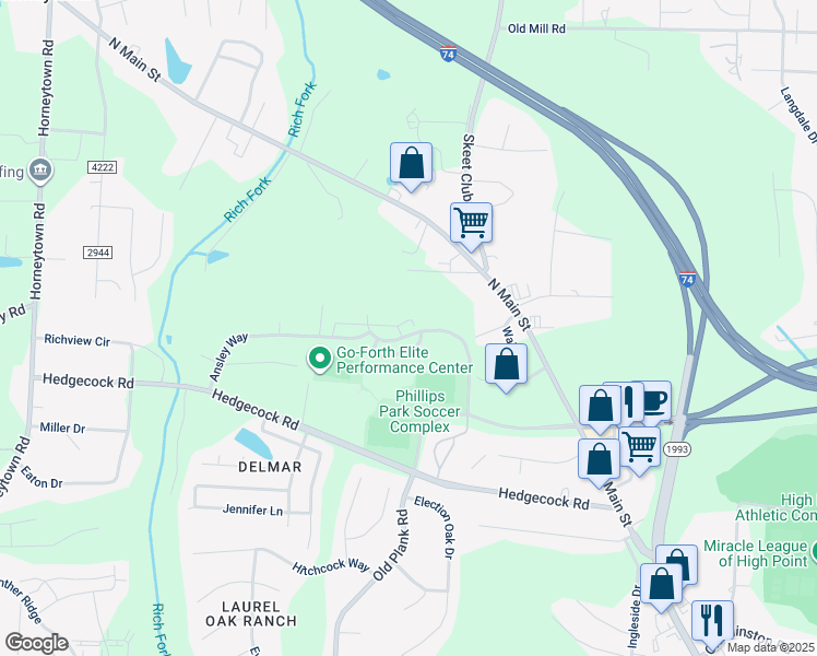 map of restaurants, bars, coffee shops, grocery stores, and more near 450 Ridgebrooke Drive in High Point