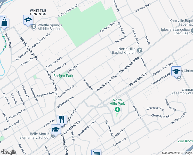 map of restaurants, bars, coffee shops, grocery stores, and more near 3014 Forestdale Avenue in Knoxville