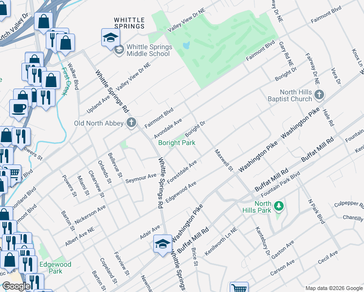 map of restaurants, bars, coffee shops, grocery stores, and more near 2701 Boright Drive in Knoxville