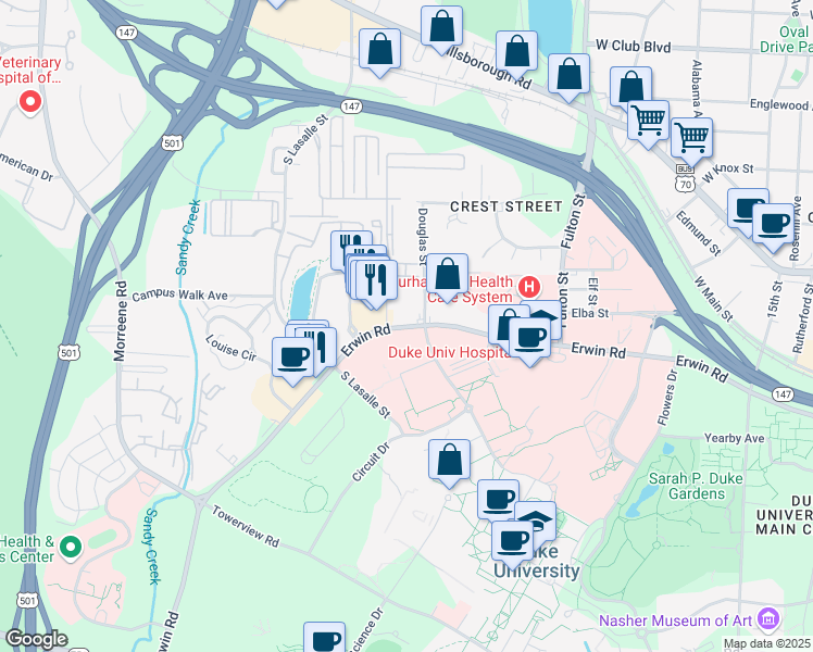 map of restaurants, bars, coffee shops, grocery stores, and more near 2530 Erwin Road in Durham