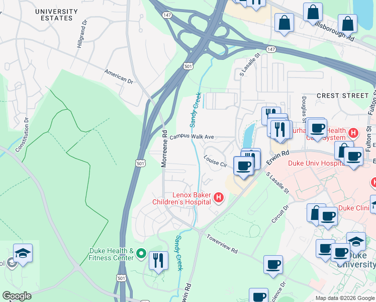 map of restaurants, bars, coffee shops, grocery stores, and more near 929 Morreene Road in Durham