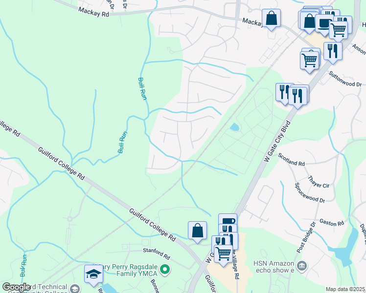 map of restaurants, bars, coffee shops, grocery stores, and more near 3809 Hunt Chase Drive in Greensboro