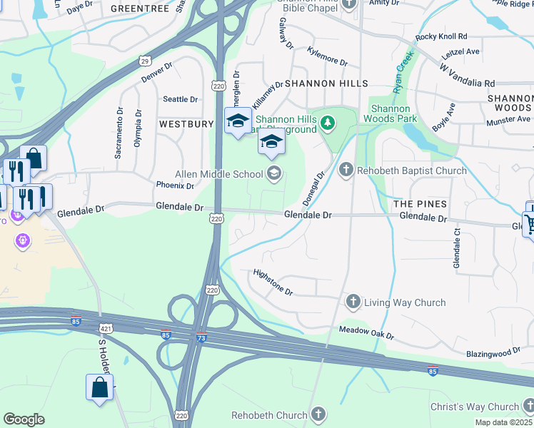 map of restaurants, bars, coffee shops, grocery stores, and more near 1017 Glendale Drive in Greensboro