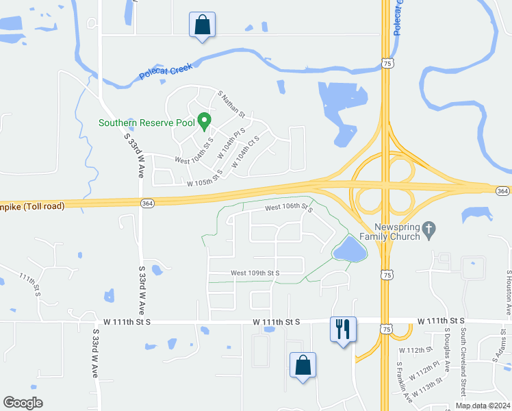 map of restaurants, bars, coffee shops, grocery stores, and more near 3715 West 106th Street South in Jenks