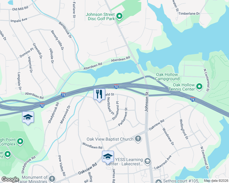 map of restaurants, bars, coffee shops, grocery stores, and more near 3712 Westfield St in High Point