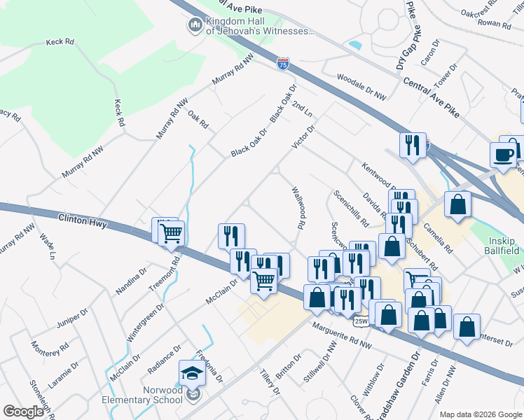 map of restaurants, bars, coffee shops, grocery stores, and more near 5708 Ridgefield Road in Knoxville