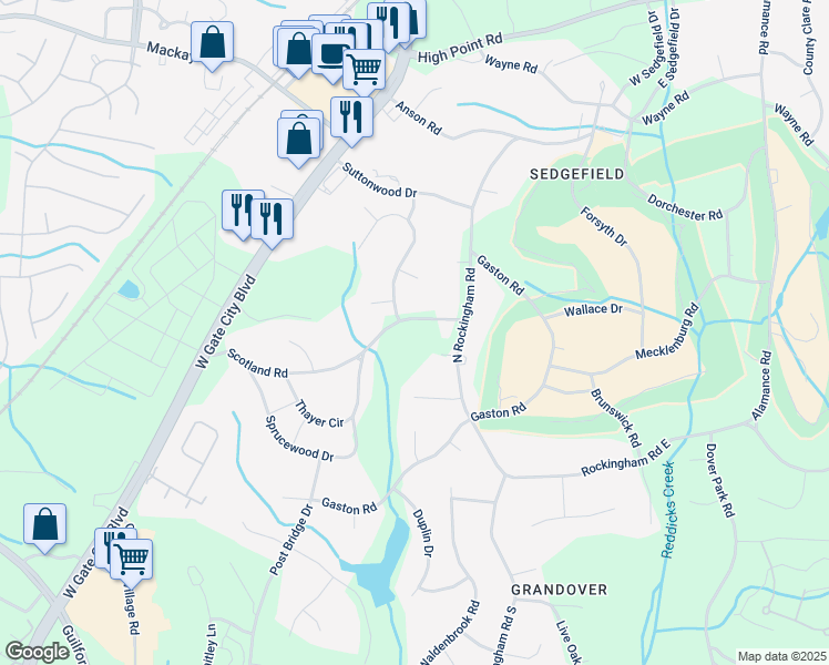 map of restaurants, bars, coffee shops, grocery stores, and more near 5609 Scotland Road in Greensboro