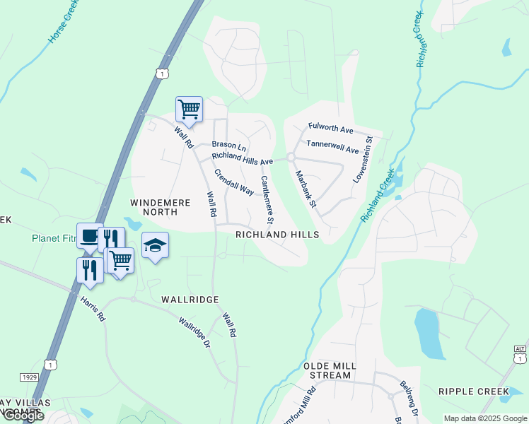 map of restaurants, bars, coffee shops, grocery stores, and more near 1221 Cantlemere Street in Wake Forest
