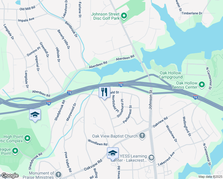 map of restaurants, bars, coffee shops, grocery stores, and more near 3802 Westfield Street in High Point