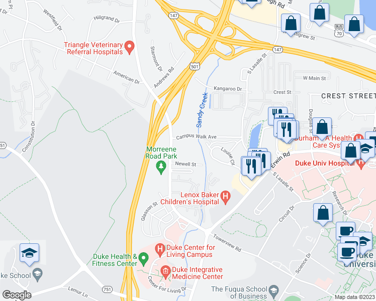 map of restaurants, bars, coffee shops, grocery stores, and more near 2733 Campus Walk Avenue in Durham