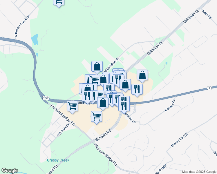 map of restaurants, bars, coffee shops, grocery stores, and more near 6670 Clinton Highway in Knoxville