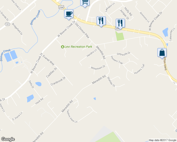 map of restaurants, bars, coffee shops, grocery stores, and more near 3730 Wittenham Drive in Knoxville