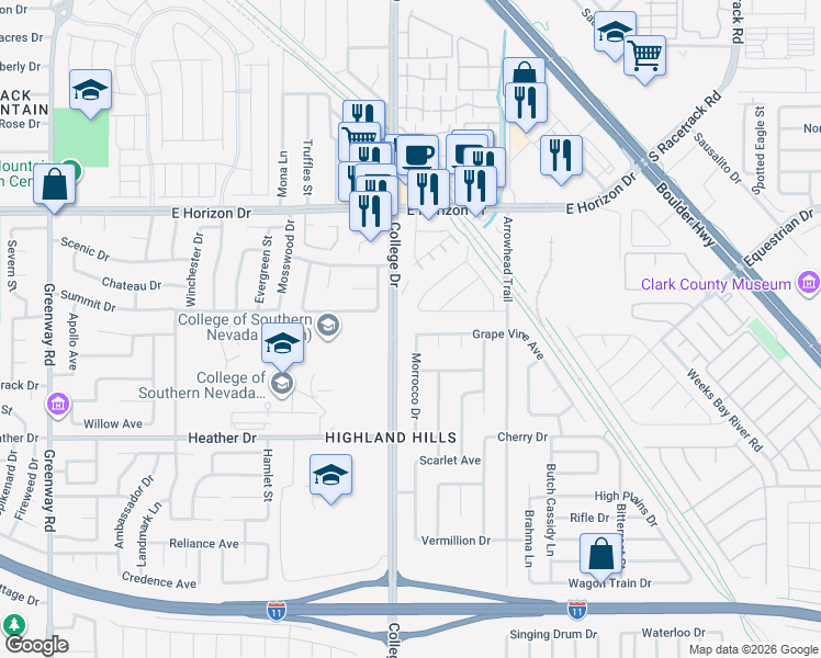 map of restaurants, bars, coffee shops, grocery stores, and more near 704 Morrocco Drive in Henderson